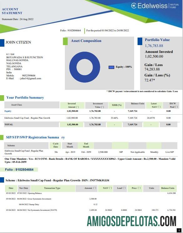 Extrato bancário da Índia Edelweiss para impressão, modelo Word e PDF, 3 páginas